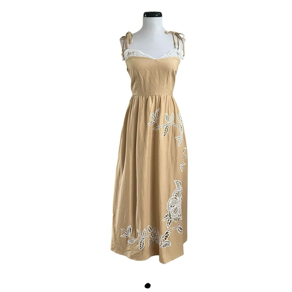 Caroline Constas Linen Midi Dress L Crochet Lace Trim Resort Coastal Boho Chic - Picture 2 of 15